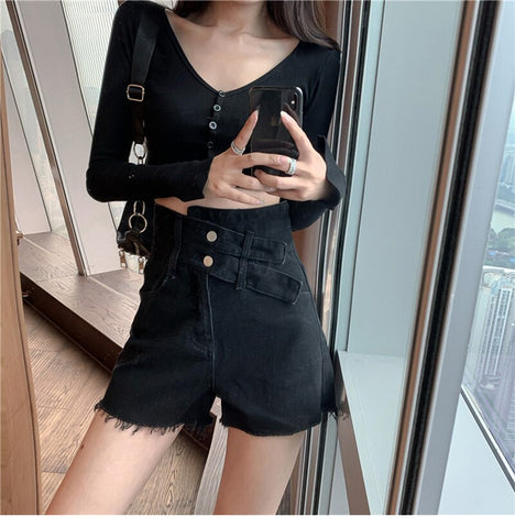 Double Belted Sexy Irregular Denim Shorts Jeans