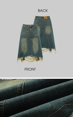 Distressed Denim Skirt with Deconstructed Hem and Vintage Washed Edge