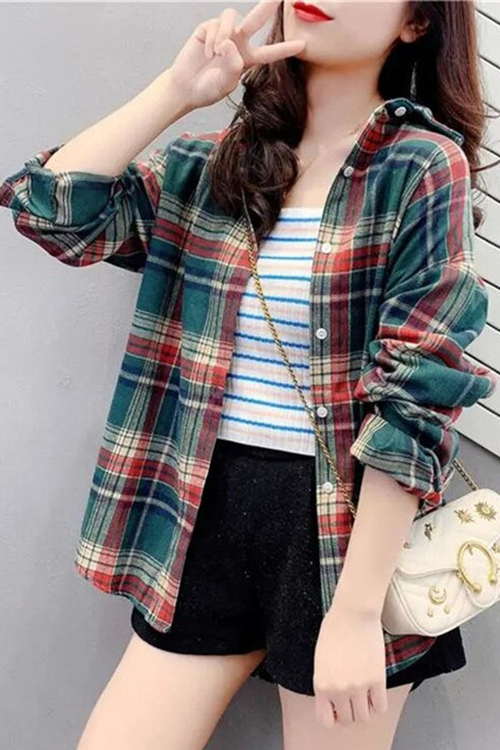 Long Sleeve Classic Plaid Colors Loose Shirt