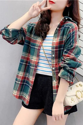 Long Sleeve Classic Plaid Colors Loose Shirt