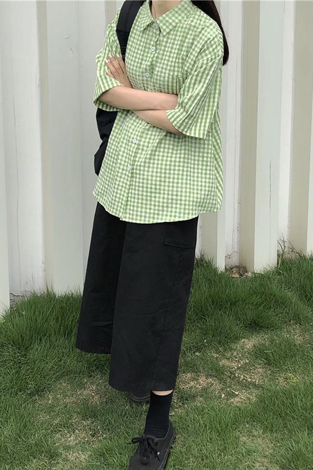 Green Plaid Short Sleeve Blouse Shirt