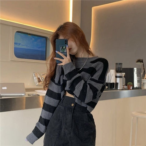 Loose Long Sleeve Striped Sexy Short Sweater
