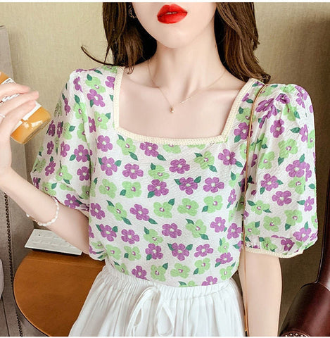 Puff Sleeve Daisy Floral Elegant Shirt