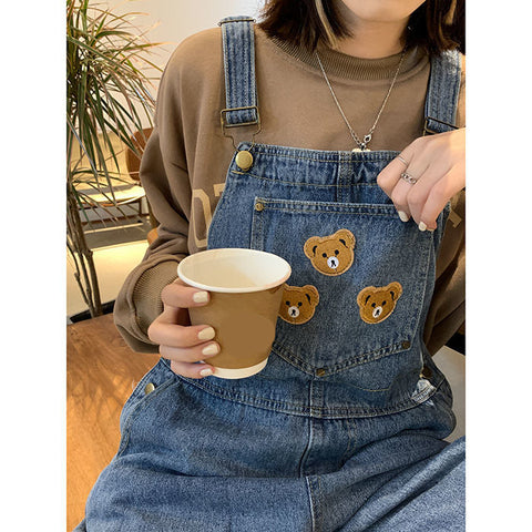 Bear Cartoon Embroidery Retro Denim Jumpsuits