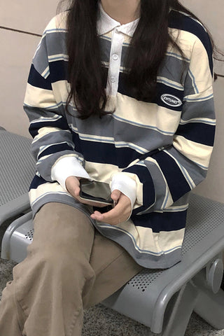 Turn Down Collar Retro Striped Sweatshirt