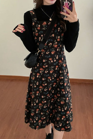 Vintage Floral Printed Loose Strap Dress