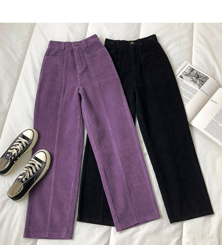 Elastic Waist Loose Long Straight Corduroy Pants