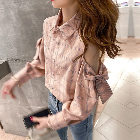 Long Sleeve Cute Bow Plaid Office Blouse Shirt
