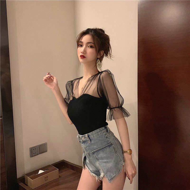 Sexy transparentes Strickshirt mit Puffärmeln und Netzstoff 