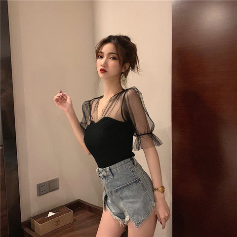 Sexy transparentes Strickshirt mit Puffärmeln und Netzstoff 