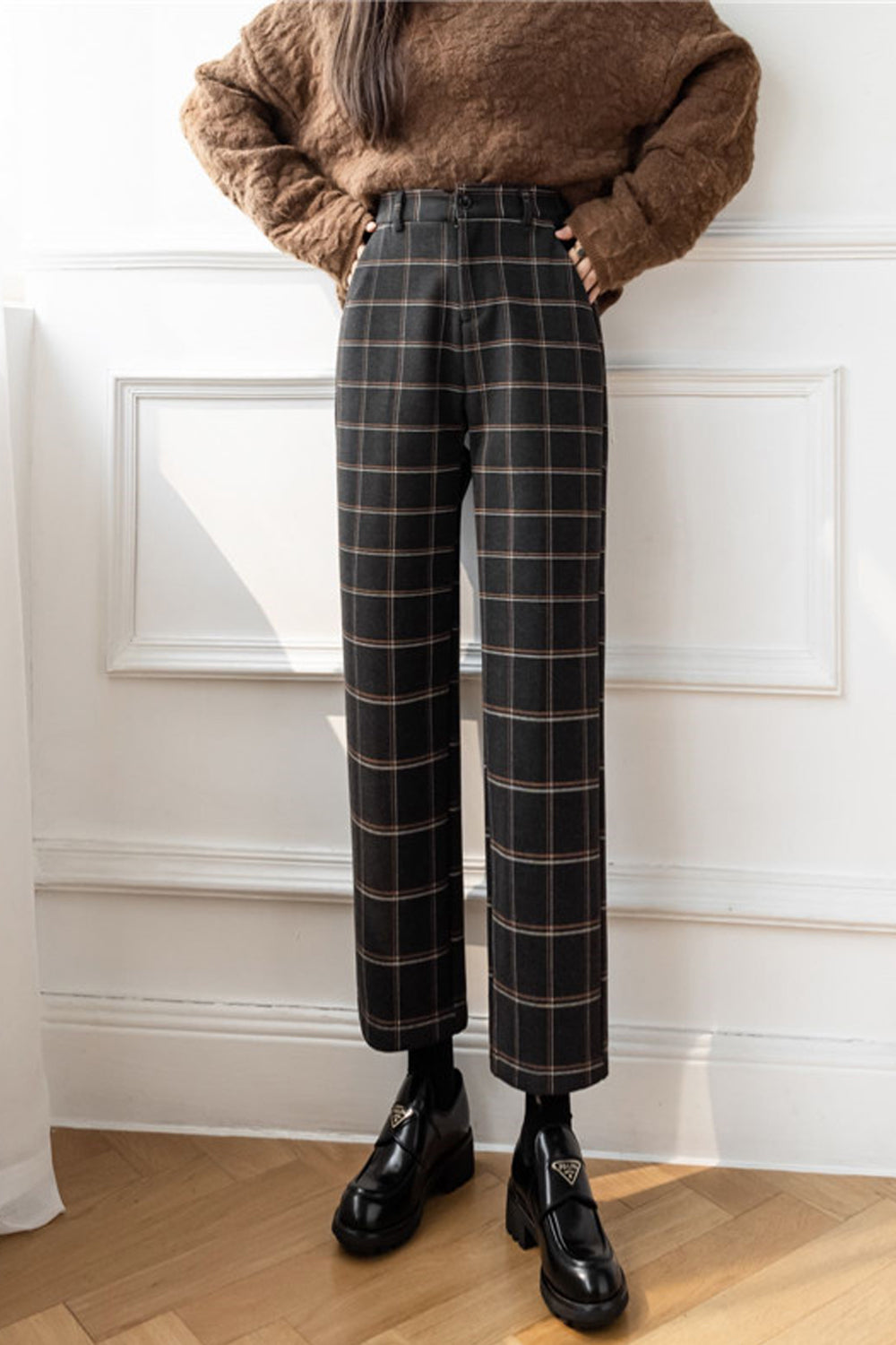 High Waist Elegant Plaid Office Long Pants