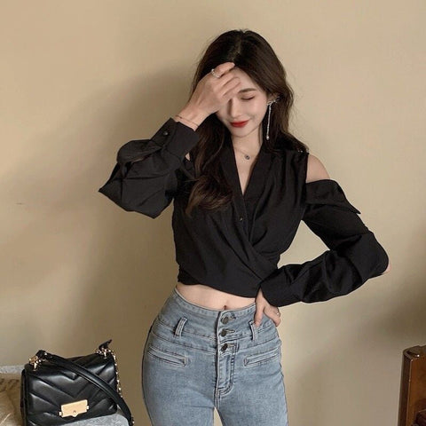 Long Sleeve V-Neck Sexy Off Shoulder Blouse Shirt