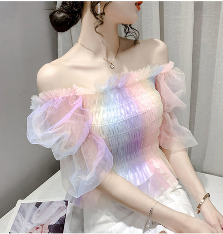 Hemden mit Puffärmeln, quadratischem Kragen und Netzstoff mit Farbverlauf 