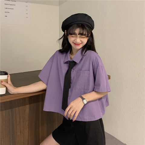 Loose Simple Crop Design Purple Blouse Shirt