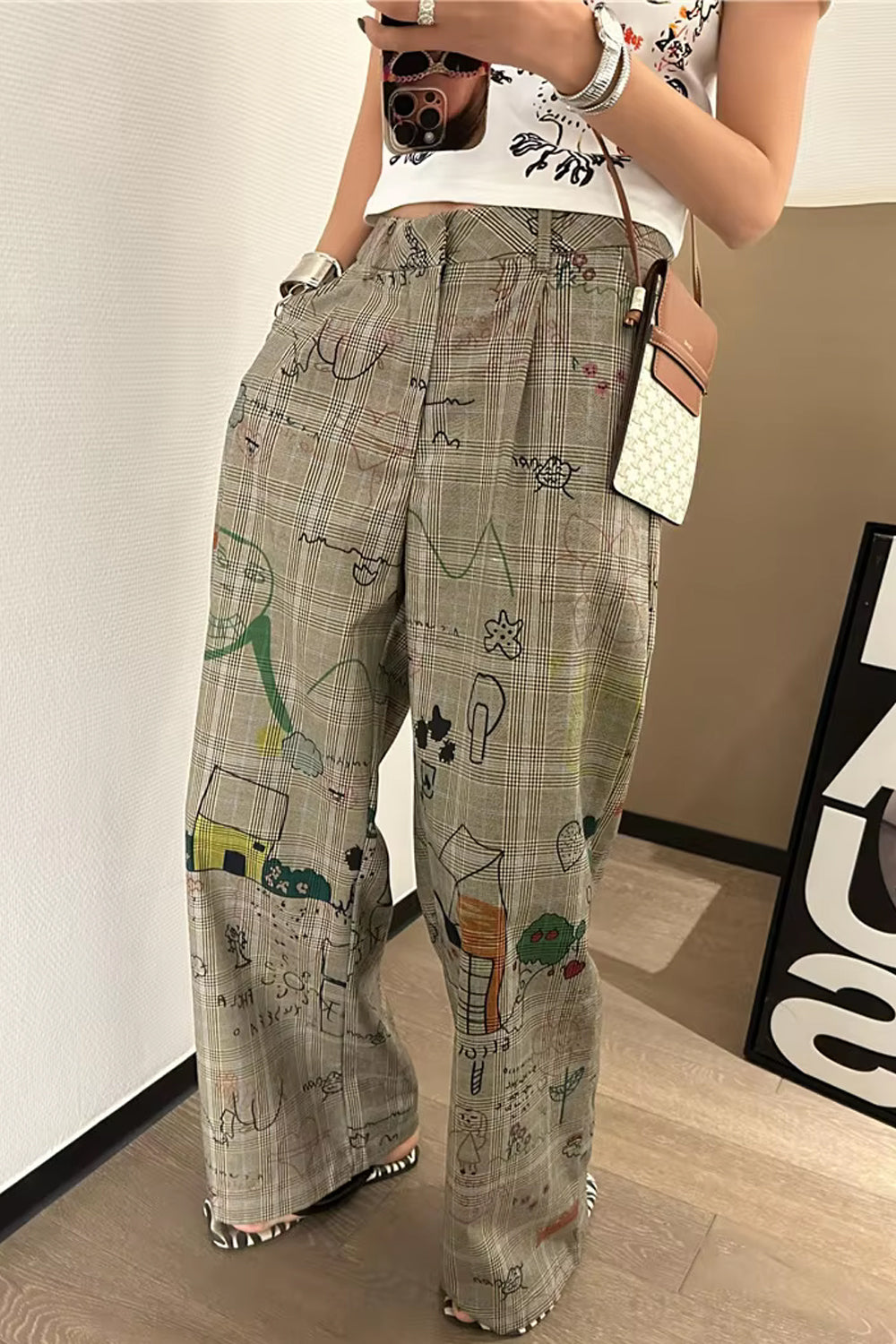 Loose Graffiti Printed Long Plaid Pants