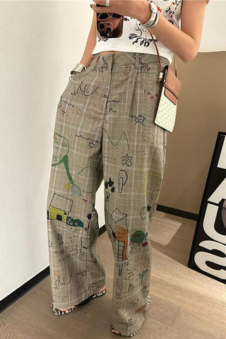Loose Graffiti Printed Long Plaid Pants