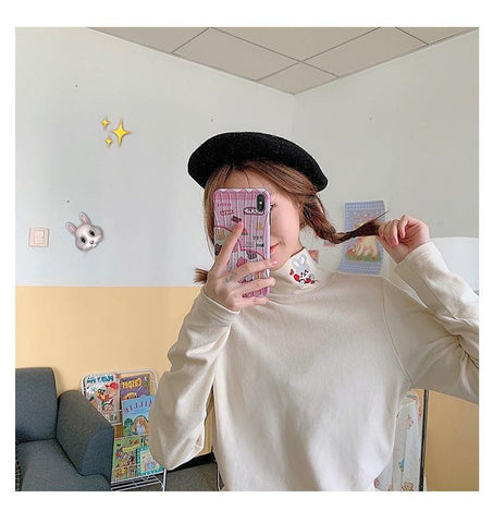 High Neck Cartoon Embroidered Long Sleeve Shirt