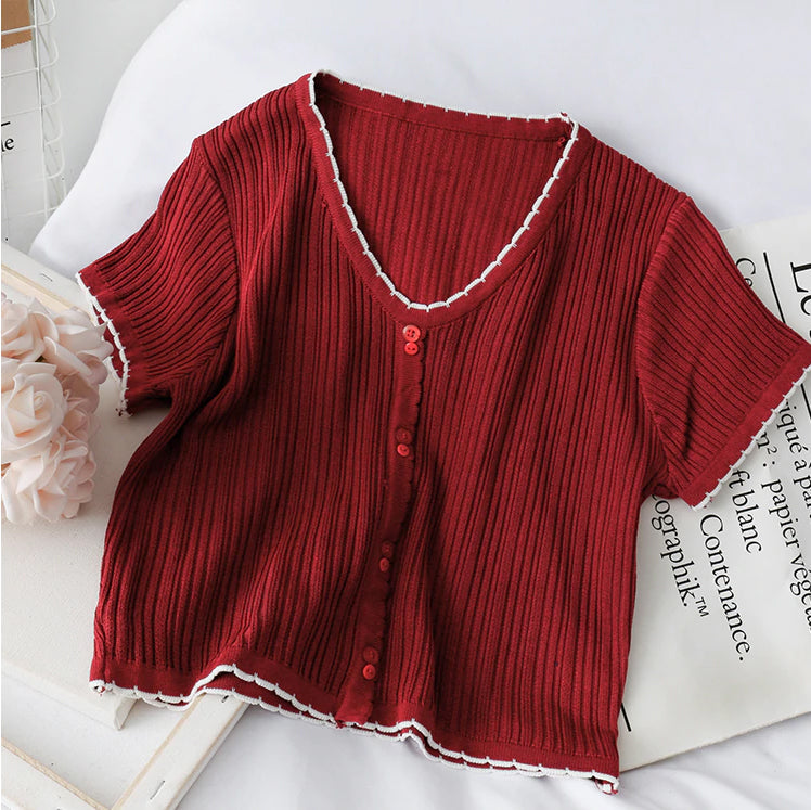 V Neck Slim Button Up Casual Knitted Cropped Shirt
