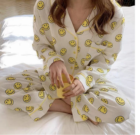 Smiley Emoji Sleepwear Long Pajamas Set