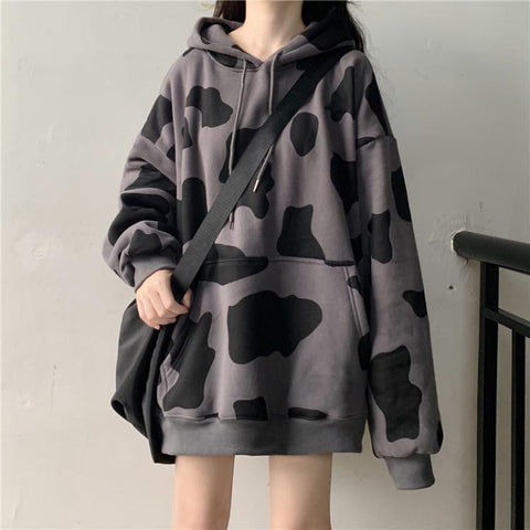 Loose Cow Pattern Printed Hooded Sweatshirt