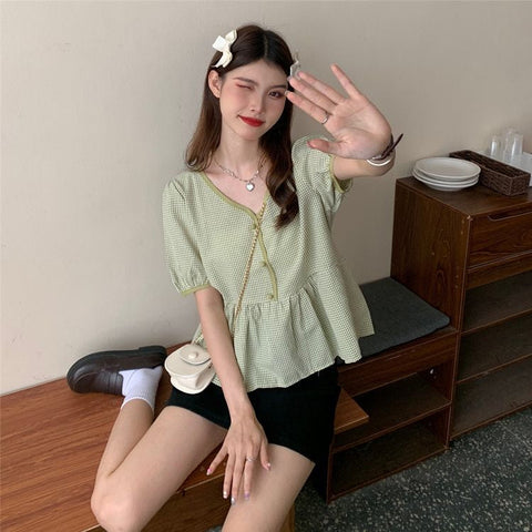 Short Sleeve Cute Plaid V-Neck Blouse Shirt