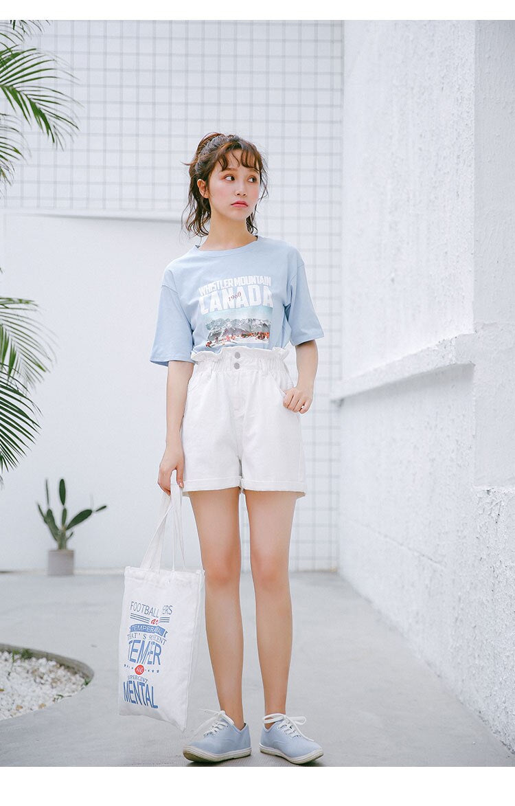 High Waist Elastic Waist Ruffles Denim Shorts