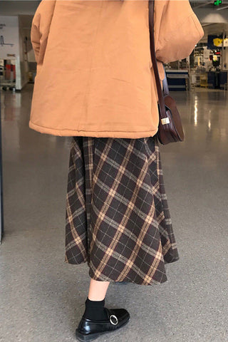 High Waist Wool Plaid Long Skirts