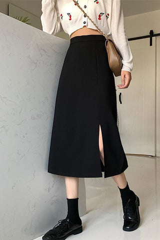 High Waist Mid Calf Elegant Black Skirt