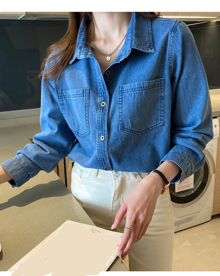 Camisa blusa elegante de mezclilla vintage suelta 