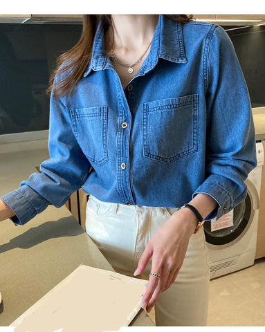 Camisa blusa elegante de mezclilla vintage suelta 