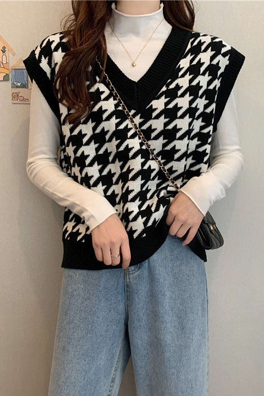 3 Colors Houndstooth Pattern Retro Vest Sweater