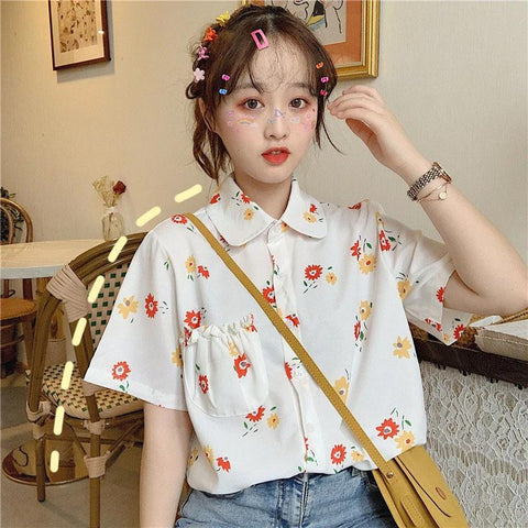 Flowers Print Short Sleeve Chiffon Blouse Shirt