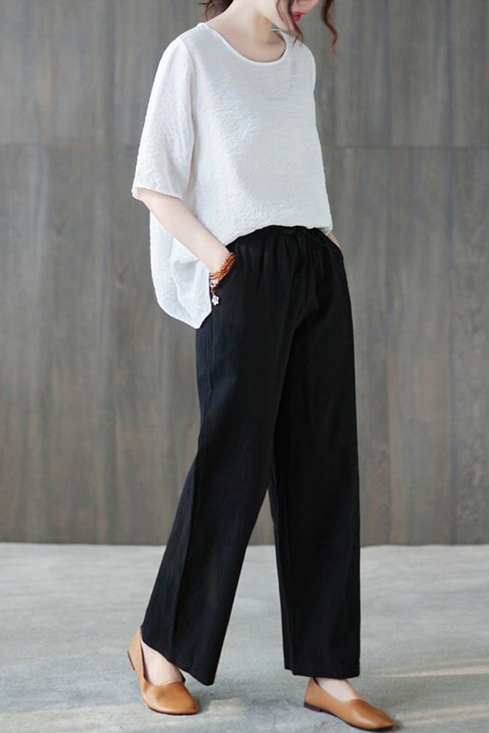 Cotton Linen Elastic Waist Colors Wide Leg Pants