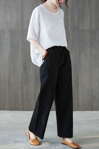 Cotton Linen Elastic Waist Colors Wide Leg Pants