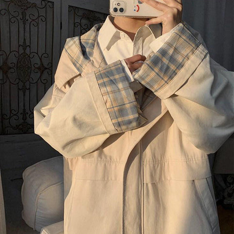 Loose Plaid Side Zipper Hooded Jacket