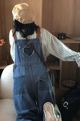 Vintage Heart Back Pattern Denim Long Jumpsuits