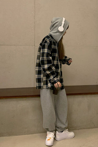 Long Sleeve Plaid Hooded Blouse Shirt