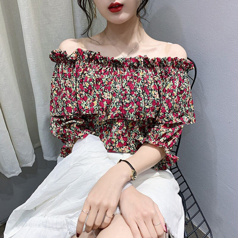 Off Shoulder Slash Neck Flowers Ruffles Shirt