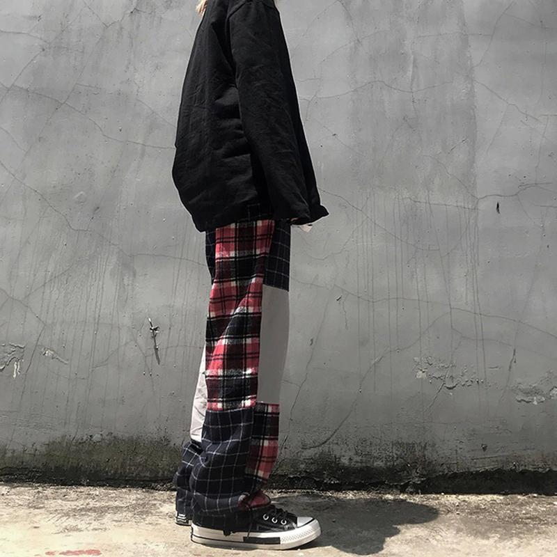 High Waist Plaid Block Color Pants