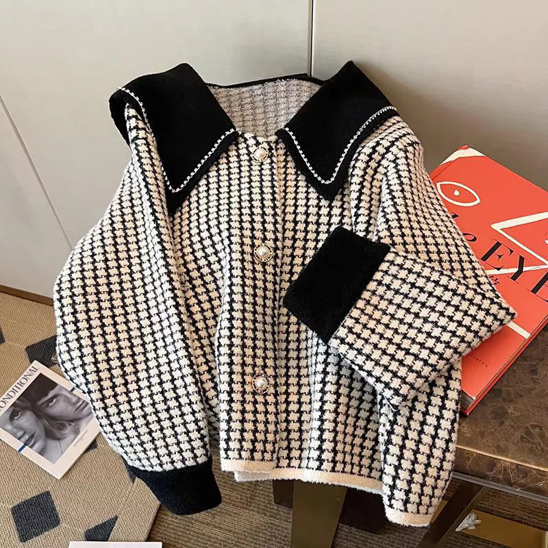 Long Sleeve Sailor Collar Houndstooth Pattern Jacket