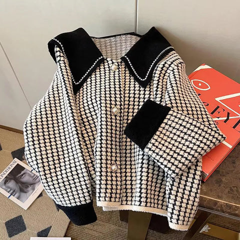 Long Sleeve Sailor Collar Houndstooth Pattern Jacket