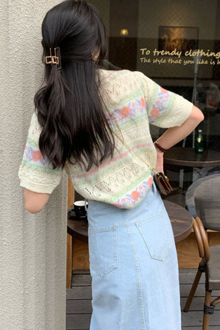 Short Sleeve Floral Pattern Knitted Shirt