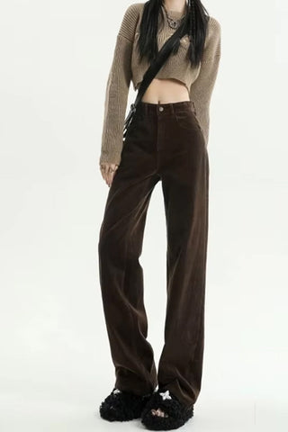 High Waist Retro Coffee Colors Corduroy Long Pants