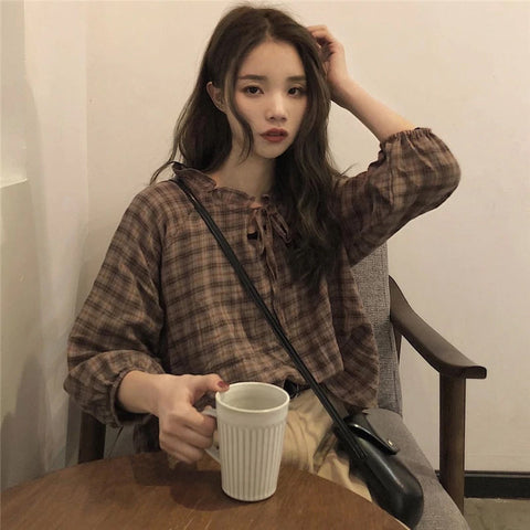 Plaid Belted Neck Loose Shirt