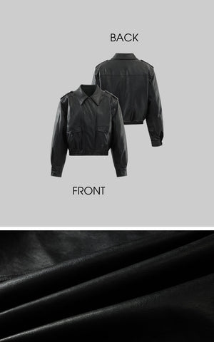 Cropped Leather Jacket with Epaulettes and Utility Pockets