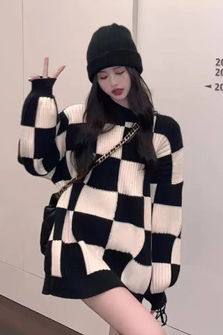 Long Sleeve Plaid Checkered Knitted Sweater