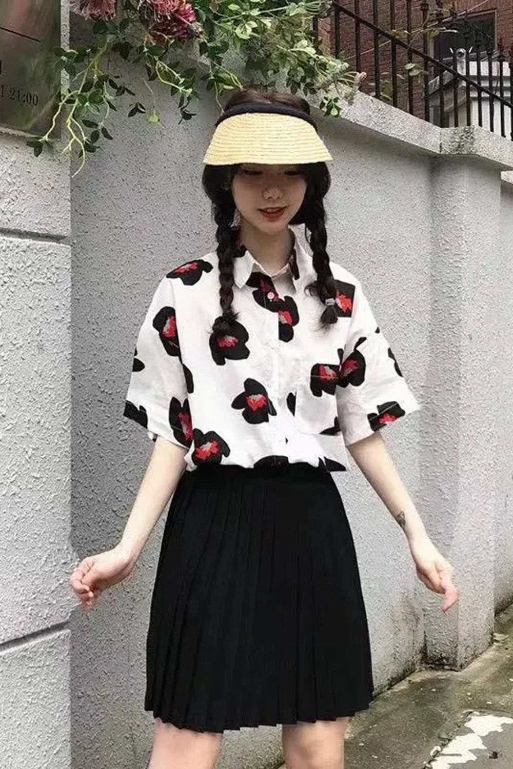 Short Sleeve Cartoon Floral Printed Retro Blouse Shirt