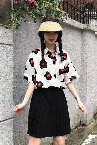Short Sleeve Cartoon Floral Printed Retro Blouse Shirt