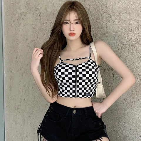 Sexy Exposed Plaid Zipper Crop Tops