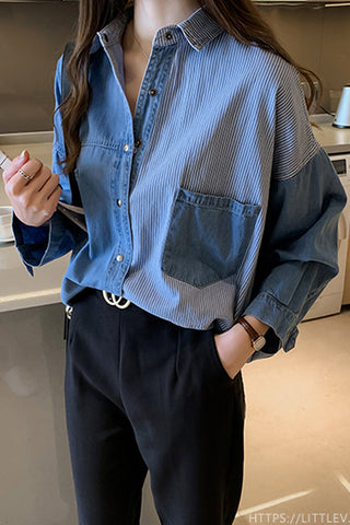 Loose Striped Denim Blouse Shirt